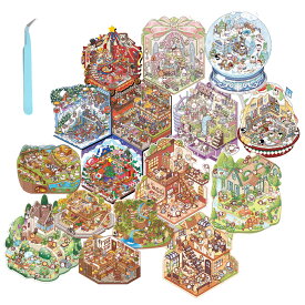 シーンシール 造景 立体 ハウス シール 可愛い 3d ハウスステッカー 造形シール 紙 ドールハウス ミニチュア コラージュ シール 漫画シーンステッカー ストレス解消 手帳素材パック ピンセット付き