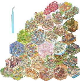 シーンシール 造景シール ハウスステッカー 造園 紙 ドールハウス ミニチュア 手作りキット コラージュ 素材 シール セット 立体 手帳素材パック風景ステッカー ピンセット