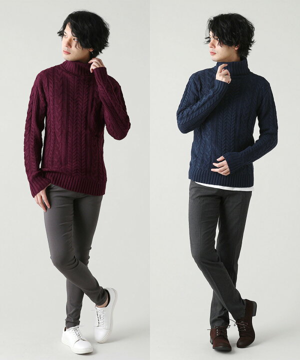 楽天市場 ニット メンズ セーター ケーブルニット セーター 総ケーブル編み ボーダー タートルネック スリムシルエットニット Soyous ソユーズ