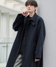 コート メンズ 秋 冬 アウター ステンカラーコート ロングコート 厚手 防寒 大きめ ハイネック 2way チンストラップ ポリエステル ウールタッチ 裏地付き 光沢感 S M L XL