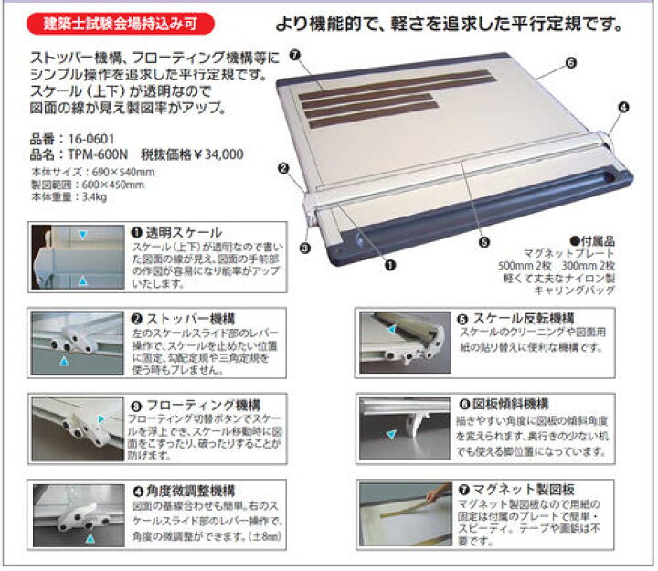 楽天市場】平行製図機 平行定規 TPM-600N ( A2 平行定規 平行製図機 