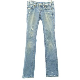 トゥルーレリジョン ストレート デニムパンツ w24 ブルー TRUE RELIGION ダメージ加工 ジーンズ レディース 【中古】 【231115】