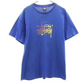 ステューシー 90s USA製 紺タグ オールド プリント 半袖 Tシャツ L ブルー STUSSY メンズ 【中古】 【240322】 メール便可 【PD】
