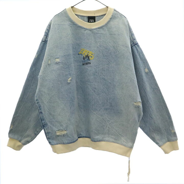 楽天市場】ザラ プリント 長袖 デニム トレーナー S ブルー ZARA 