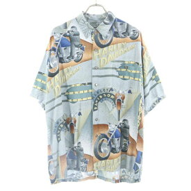 【中古】 USA製 HARLEY DAVIDSON バイク柄 総柄 半袖 シャツ XL グレー系 ハーレーダビッドソン ハワイ HAWAII レーヨン メンズ 【200630】 メール便可