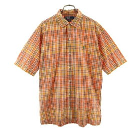 【中古】 ポロラルフローレン 90s CALDWELL オープンカラー 開襟 チェック 半袖 シャツ S オレンジ POLO RALPH LAUREN カルドウェル メンズ 【210727】 メール便可