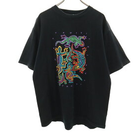 古着 EOH HAWAII 90s USA製 オールド TAHITI プリント 半袖 Tシャツ XL ブラック 爬虫類 メンズ 【中古】