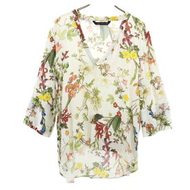 古着 ZARA WOMAN ザラウーマン ポルトガル製 花柄 7分袖 Vネック ブラウス L ホワイト レディース 【中古】