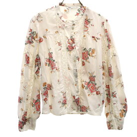 古着 ZARA ザラ 花柄 長袖 レース切替 バンドカラーシャツ L ホワイト ブラウス レディース 【中古】 【PD】