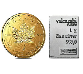 ★金銀セット★ メイプル 金貨 1g + スイス ヴァルカンビ シルバーバー 1g 純金 24金 コイン K24 カナダ ゴールド 純銀 シルバー インゴット 延べ棒 スイス 貴金属