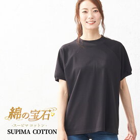 日本製 極上の肌触り スーピマコットン ラグラン Tシャツ ティーシャツ レディース トップス カットソー インナー 半袖 モックネック 丸首 春 夏 秋 綿 コットン 無地 洗える 綿100％ コットン 白 青 黒 6190786