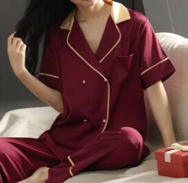 2点セット ダブルボタン パイピング レディース トップス パンツ ボトムス ルームウェア パジャマ 部屋着 セットアップ アンサンブル 寝巻き 半袖 襟付き ポケット 前開き ウエストゴム ボタン バイカラー 配色 きれいめ シンプル カジュアル 上品 おしゃれ こなれ感