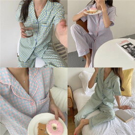 パジャマ ルームウェア チェック柄 半袖 部屋着 ボタン レディース トップス パンツ 前開き 襟付き フェミニン ポケット バイカラー かわいい 大人可愛い シンプル カジュアル おしゃれ こなれ感 ラフ ガーリー ルーズ 個性的 抜け感 ラブリー キュート 学生風