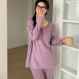 パジャマ ナイトウエア 上下セット パジャマ 長袖 ラウンドネック プルオーバー ミディアム丈 ロングパンツ ウエストゴム ポケット 可愛い かわいい 大人可愛い きれいめ シンプル 上品 おしゃれ かっこいい レトロ ルーズ こなれ感 個性的 主役級 存在感 抜け感 秋 冬