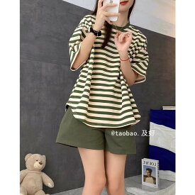 レディース トップス ルームウェア パジャマ 部屋着 Tシャツ ミモレ 半袖 5分袖 Uネック ワイド ストレート 薄手 かわいい 大人可愛い シンプル カジュアル おしゃれ レトロ ラフ ルーズ モダン 抜け感 クラシカル ベーシック ナチュラル ストライプ 春 夏 秋