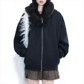 レディース トップス パーカー 上着 デート ミディアム丈 袖あり 長袖 ボリューム袖 フレアスリーブ 萌袖 ラウンドネック 襟なし 切り替えデザイン フード付き ファスナー 前開き 伸縮性 ファー 異素材MIX かわいい 大人可愛い きれいめ シンプル カジュアル 上品