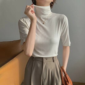 トップス カットソー 5分袖 タートルネック プルオーバー ミディアム丈 かわいい 可愛い 大人可愛い きれいめ シンプル 上品 レトロ おしゃれ かっこいい カジュアル レトロ こなれ感 個性的 主役級 存在感 抜け感 春 夏 ベーシック ナチュラル クール 無地 女性用