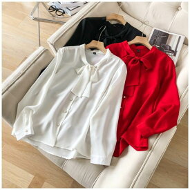 シフォンブラウス リボン プラスサイズ 透け感 とろみ感 レディース トップス ブラウス 長袖 フェミニン 大人可愛い きれいめ シンプル 上品 おしゃれ こなれ感 クール エレガント モダン 抜け感 都会的 ラグジュアリー クラシカル ナチュラル オールシーズン