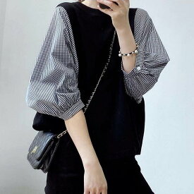 プルオーバーシャツ クルーネック ドッキング レディース トップス フェミニン かわいい 大人可愛い シンプル カジュアル おしゃれ こなれ感 ラフ 個性的 キュート チェック OL 通勤 デート お出かけ お泊まり 旅行 レストラン 女子会 休日 ショッピング コンサート