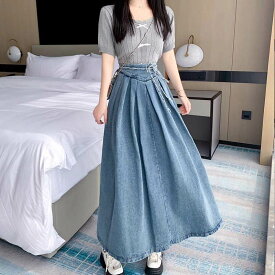 デニムスカート ロング丈 フレア Aライン ハイウエスト レディース スカート フェミニン かわいい 大人可愛い シンプル カジュアル おしゃれ レトロ こなれ感 ラフ ガーリー ルーズ 抜け感 ラブリー キュート 学生風 ベーシック カントリー アクティブ ナチュラル 無地