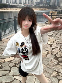 レディース トップス 部屋着 Tシャツ ミモレ 半袖 5分袖 Uネック ラウンドネック ストレート ストリート ヴィンテージ アメカジ コットン 刺? かわいい 大人可愛い カジュアル ラフ メンズライク ボーイッシュ スポーティー アメリカン ワイルド 春 夏 ペア