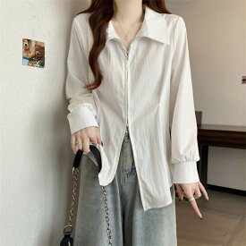 トップス シャツ 長袖 襟付き 前開き ダブルジップ ミディアム丈 かわいい 可愛い 大人可愛い きれいめ シンプル 上品 レトロ おしゃれ かっこいい カジュアル レトロ ルーズ こなれ感 個性的 主役級 存在感 抜け感 春 秋 ベーシック ナチュラル メンズライク 無地