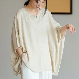 トップス シャツ 7分袖 ドルマンスリーブ ラウンドネック プルオーバー ミディアム丈 かわいい 可愛い 大人可愛い きれいめ シンプル 上品 レトロ おしゃれ かっこいい カジュアル レトロ こなれ感 個性的 主役級 存在感 抜け感 春 夏 ベーシック ナチュラル クール