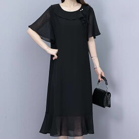 ワンピース ミディアムワンピース 半袖 ラウンドネック シースルー ビジュー フレアスカート かわいい 大人可愛い きれいめ シンプル 上品 おしゃれ レトロ カジュアル こなれ感 個性的 主役級存在感 抜け感 春 夏 ベーシック ナチュラル エレガント フォーマル 無地