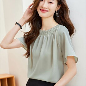 トップス シャツ シフォンシャツ 半袖 クルーネック プルオーバー ショート丈 かわいい 可愛い 大人可愛い きれいめ シンプル 上品 レトロ おしゃれ かっこいい カジュアル レトロ こなれ感 個性的 主役級 存在感 抜け感 春 夏 ベーシック ナチュラル フェミニン 清楚