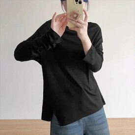 トップス カットソー 長袖 ラウンドネック プルオーバー サイドスリット ミディアム丈 薄手 かわいい 可愛い 大人可愛い きれいめ シンプル 上品 レトロ おしゃれ かっこいい カジュアル レトロ こなれ感 個性的 主役級 存在感 抜け感 春 夏 ベーシック ナチュラル