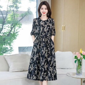 シフォンワンピース 総柄 プラスサイズ ボタニカル柄 花柄 フレア レディース ワンピース ミモレ 5分袖 ラウンドネック スリム フェミニン 大人可愛い きれいめ 上品 おしゃれ かっこいい レトロ こなれ感 個性的 クール エレガント モダン とろみ感 抜け感 キュート