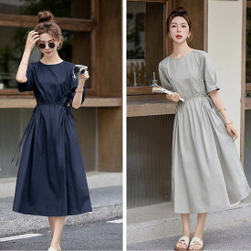 レディース ワンピース ミモレ 半袖 ラウンドネック フェミニン 大人可愛い きれいめ シンプル カジュアル おしゃれ こなれ感 ラフ 抜け感 ナチュラル 無地 OL 通勤 デート お出かけ お泊まり イベント リゾート 旅行 レストラン 女子会 休日 バカンス ショッピング