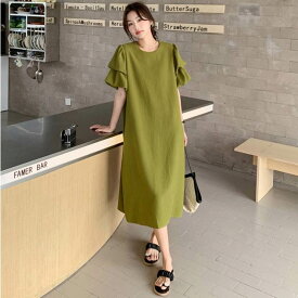 レディース ワンピース ミモレ ロング 半袖 パフスリーブ ラウンドネック フェミニン かわいい 大人可愛い きれいめ シンプル 上品 おしゃれ レトロ こなれ感 ラフ クール 抜け感 ナチュラル デート お出かけ パーティー イベント リゾート 旅行 レストラン 女子会