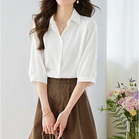 レディース シャツ Yシャツ 7分袖 襟付き 前開き ボタン かわいい 大人可愛い きれいめ シンプル 上品 おしゃれ かっこいい こなれ感 ラフ 個性的 クール とろみ感 抜け感 キュート 都会的 ナチュラル 無地 オールシーズン 会議 ミーティング プレゼン オフィス