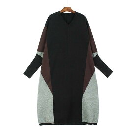 レディース スカート ワンピース ニット プルオーバー ニットワンピ カラースカート コクーンスカート ロングスカート 膝下 ミモレ マキシ 長袖 Vネック ストレート コクーン リブ 伸縮性 異国風 コンサバ ヴィンテージ 切り替えデザイン バイカラー 配色 中厚手 ニット