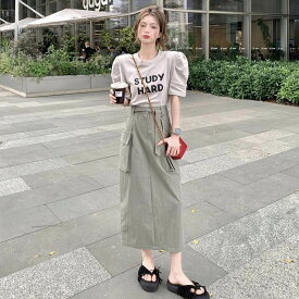 レディース スカート トップス ロングスカート ツーピーストップス 半袖 パフスリーブ ラウンドネック タイト ウエストマーク バックスリット ポケット ハイウエスト かわいい 大人可愛い きれいめ シンプル カジュアル 上品 おしゃれ かっこいい こなれ感 ラフ