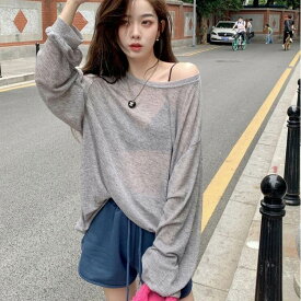 日焼け止めシャツ レディース トップス ロンT 長袖 ラウンドネック スリム 透け感 薄手 かわいい 大人可愛い きれいめ シンプル カジュアル 上品 おしゃれ かっこいい エキゾチック こなれ感 ラフ メンズライク マニッシュ ボーイッシュ スポーティー ガーリー ルーズ