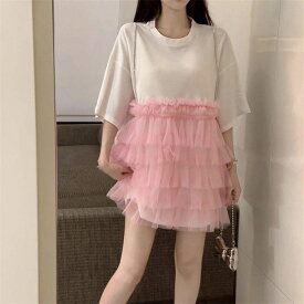 レディース ワンピース ドレス ショート 半袖 ラウンドネック チュール フリル 切り替えデザイン かわいい 大人可愛い きれいめ シンプル カジュアル おしゃれ かっこいい レトロ こなれ感 ラフ ガーリー ルーズ 個性的 クール 主役級 存在感 抜け感 ラブリー キュート