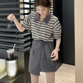 レディース スカート トップス セットアップ ミニ ショート 半袖 襟付き 角襟 かわいい 大人可愛い きれいめ シンプル カジュアル 上品 おしゃれ かっこいい レトロ こなれ感 ラフ メンズライク ボーイッシュ スポーティー ガーリー ルーズ 個性的 クール 抜け感