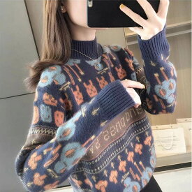 レディース トップス ニット セーター プルオーバー ミモレ 長袖 萌袖 ハイネック 細身 ストレート オーバーサイズ フェミニン ストリート 伸縮性 異国風 ヴィンテージ 厚手 ニット かわいい 大人可愛い カジュアル おしゃれ レトロ こなれ感 ラフ ガーリー ルーズ