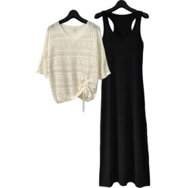 レディース トップス ワンピース サマーニット タイトスカート ロングスカート ツーピーストップス ロング マキシ フルレングス 袖なし ノースリーブ 7分袖 Vネック Uネック タイト スリム 細身 Iライン フェミニン 2way クロシェ レースアップ 透け感 コンサバ 薄手