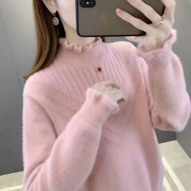 ハイネックニット 厚手 レディース トップス ニット セーター プルオーバー 長袖 スリム フェミニン かわいい 大人可愛い 上品 おしゃれ こなれ感 抜け感 キュート ナチュラル 無地 OL 通勤 デート お出かけ 旅行 レストラン 女子会 休日 ショッピング ライブ 合コン