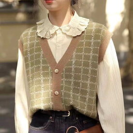 ニットベスト Vネック チェック柄 秋 冬 レディース トップス ニット 前開き スリム 細身 フェミニン ボタン かわいい 大人可愛い きれいめ シンプル カジュアル おしゃれ こなれ感 ラフ ルーズ 個性的 とろみ感 抜け感 キュート カレッジ風 学生風 ナチュラル 学生