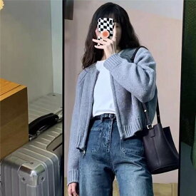 ニットカーディガン クロップド丈 ジッパー 秋 冬 長袖 レディース トップス ニット セーター カーディガン フェミニン ファスナー 前開き かわいい シンプル カジュアル おしゃれ こなれ感 ラフ マニッシュ ガーリー 抜け感 キュート 学生風 ベーシック ナチュラル