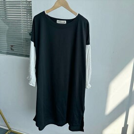 ワンピース ミディアム丈ワンピース 長袖 ラウンドネック 重ね着風 切り替えデザイン ミディアム丈 プルオーバー かわいい 大人可愛い きれいめ シンプル 上品 おしゃれ レトロ カジュアル ラフ こなれ感 個性的 主役級存在感 抜け感 春 秋 ベーシック ナチュラル