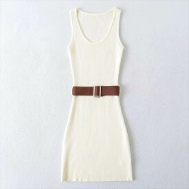 ワンピース ミニワンピース ニットワンピース ノースリーブワンピース タイトワンピース Uネック ベルト付き ミニ丈 ニット かわいい 大人可愛い きれいめ シンプル 上品 おしゃれ レトロ カジュアル こなれ感 ラフ 個性的 役級存在感 抜け感 春 夏 ベーシック