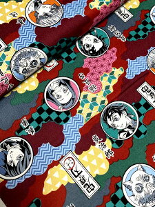 【送料無料(5個以上で)】鬼滅の刃《きめつのやいば/顔/エンジ》プリントオックス生地■10cm単位※50cmから販売■☆こだわりの日本製☆