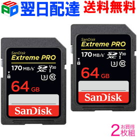 ポイント10倍 お買得2枚組 SanDisk SDカード SDXCカード 64G サンディスク【翌日配達送料無料】Extreme Pro 超高速170MB/s class10 UHS-I U3 V30 4K Ultra HD対応 SDSDXXY-064G-GN4IN