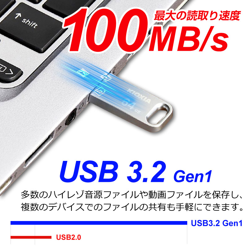 流行流行USBメモリ 64GB USB3.2 Gen1 KIOXIA（旧東芝メモリー） TransMemory U366 R:100MB S 薄型  スタイリッシュ メタリックボディ 海外パッケージ 送料無料 LU366S064GC4 外付けドライブ・ストレージ
