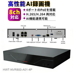 HOLOWITS �h�ƃJ�����p�^��@ 8�`�����l�� 4K 8MP PoE���d �Ď��J���� ���R�[�_�[ H.264/H.265 HDD 8TB�Ή� AI�C�x���g���� ���{��T�|�[�g �ƒ�p �Ɩ��p 1�N�ۏ� ��z�֑��������@HWT-NVR800-A01-4P
